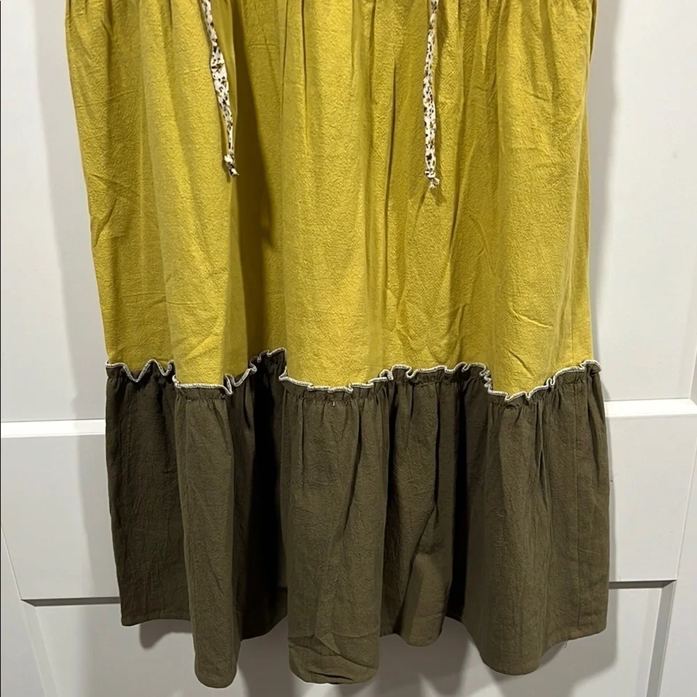 Hem & Thread Colorblock Sleeveless Tiered Sun Dress in Cream,Yellow, and Olive - Picture 4 of 6